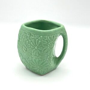 Niloak Pottery Green Flower Pattern Mug Vintage Art Pottery Small Planter 3.75in